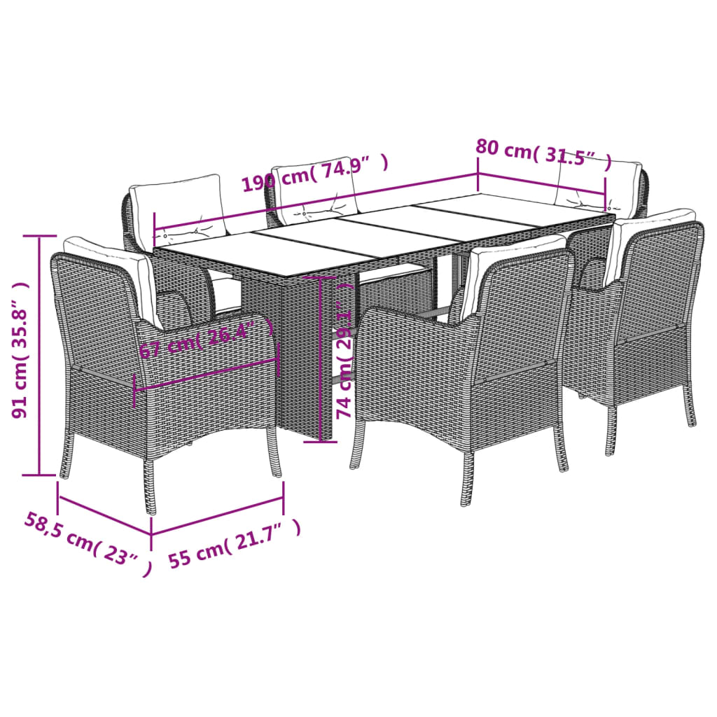 7 Piece Garden Dining Set with Cushions Grey Poly Rattan (US only)