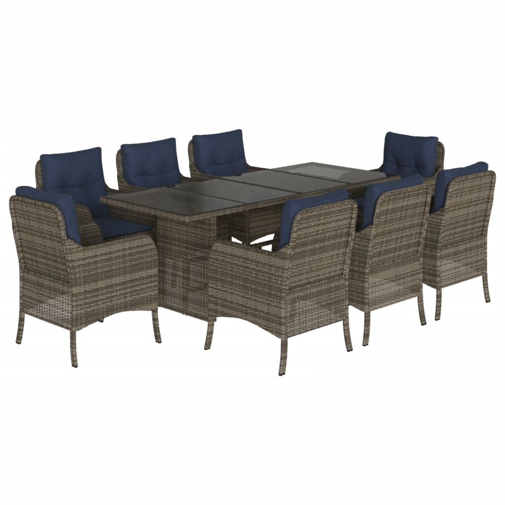 9 Piece Garden Dining Set with Cushions Grey Poly Rattan (US only)