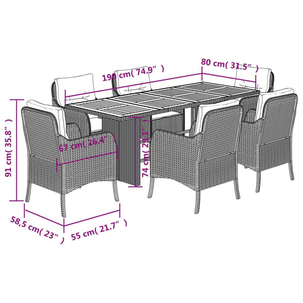7 Piece Garden Dining Set with Cushions Grey Poly Rattan (US only)