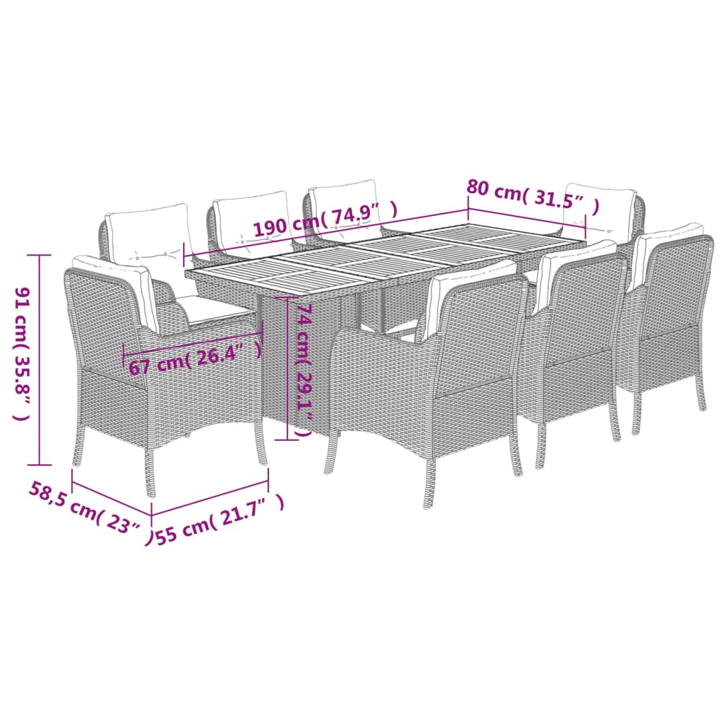 9 Piece Garden Dining Set with Cushions Grey Poly Rattan (US only)