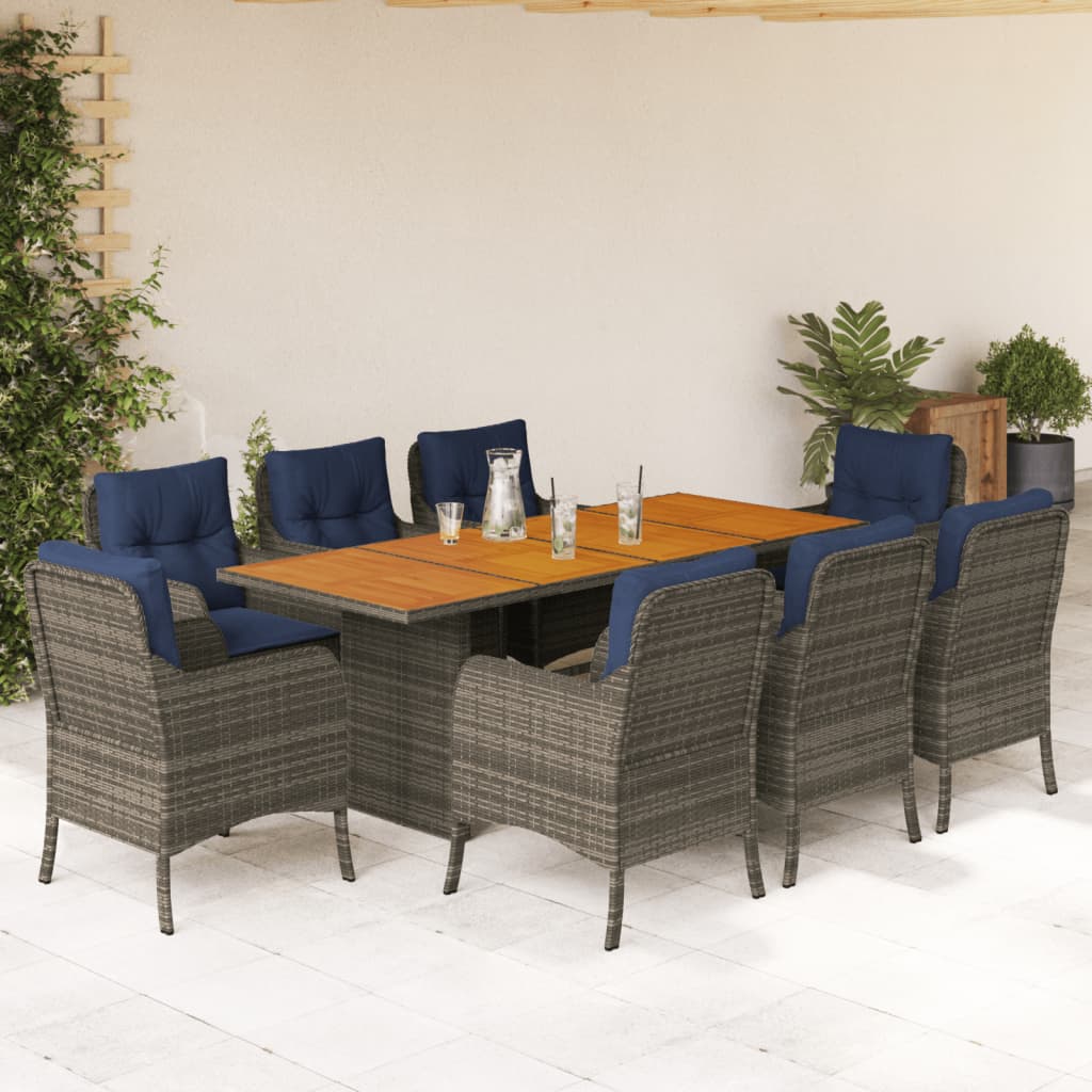 9 Piece Garden Dining Set with Cushions Grey Poly Rattan (US only)