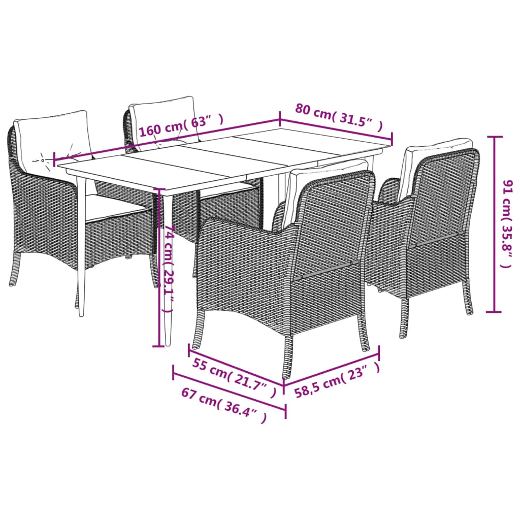 vidaXL 5 Piece Garden Dining Set with Cushions Brown Poly Rattan