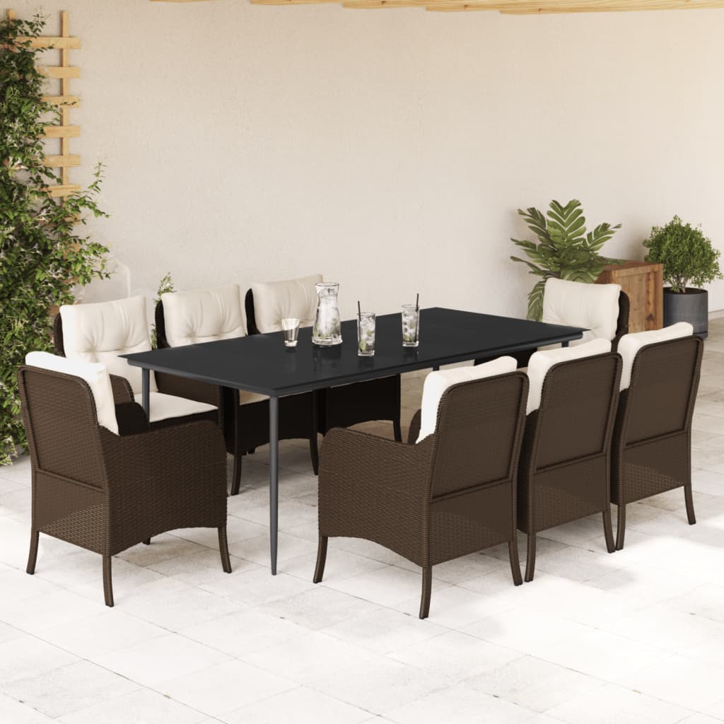 vidaXL 9 Piece Garden Dining Set with Cushions Brown Poly Rattan