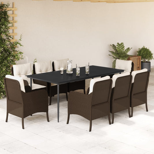 vidaXL 9 Piece Garden Dining Set with Cushions Brown Poly Rattan