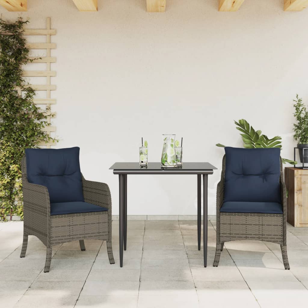 3 Piece Garden Dining Set with Cushions Grey Poly Rattan (US only)