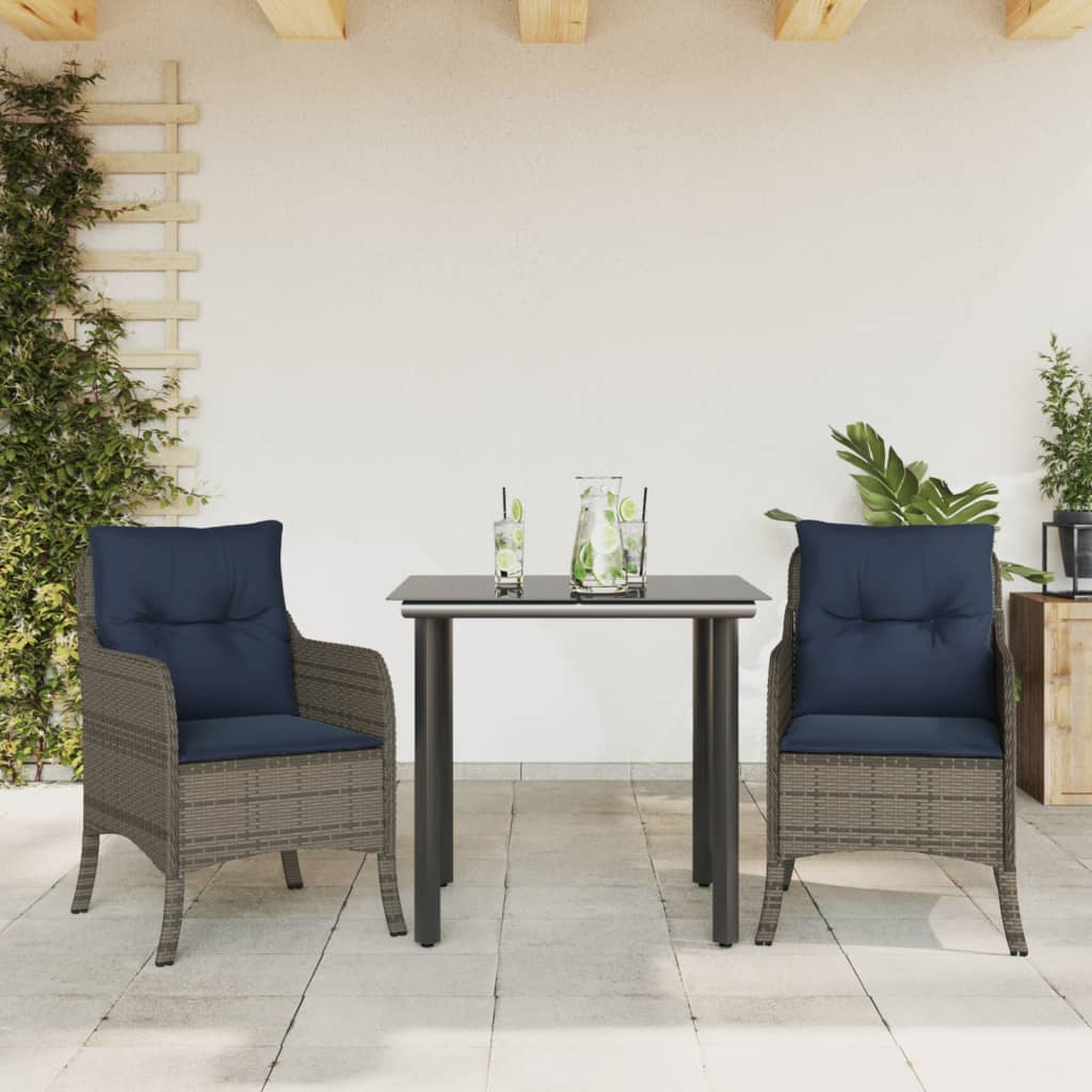 3 Piece Garden Dining Set with Cushions Grey Poly Rattan (US only)