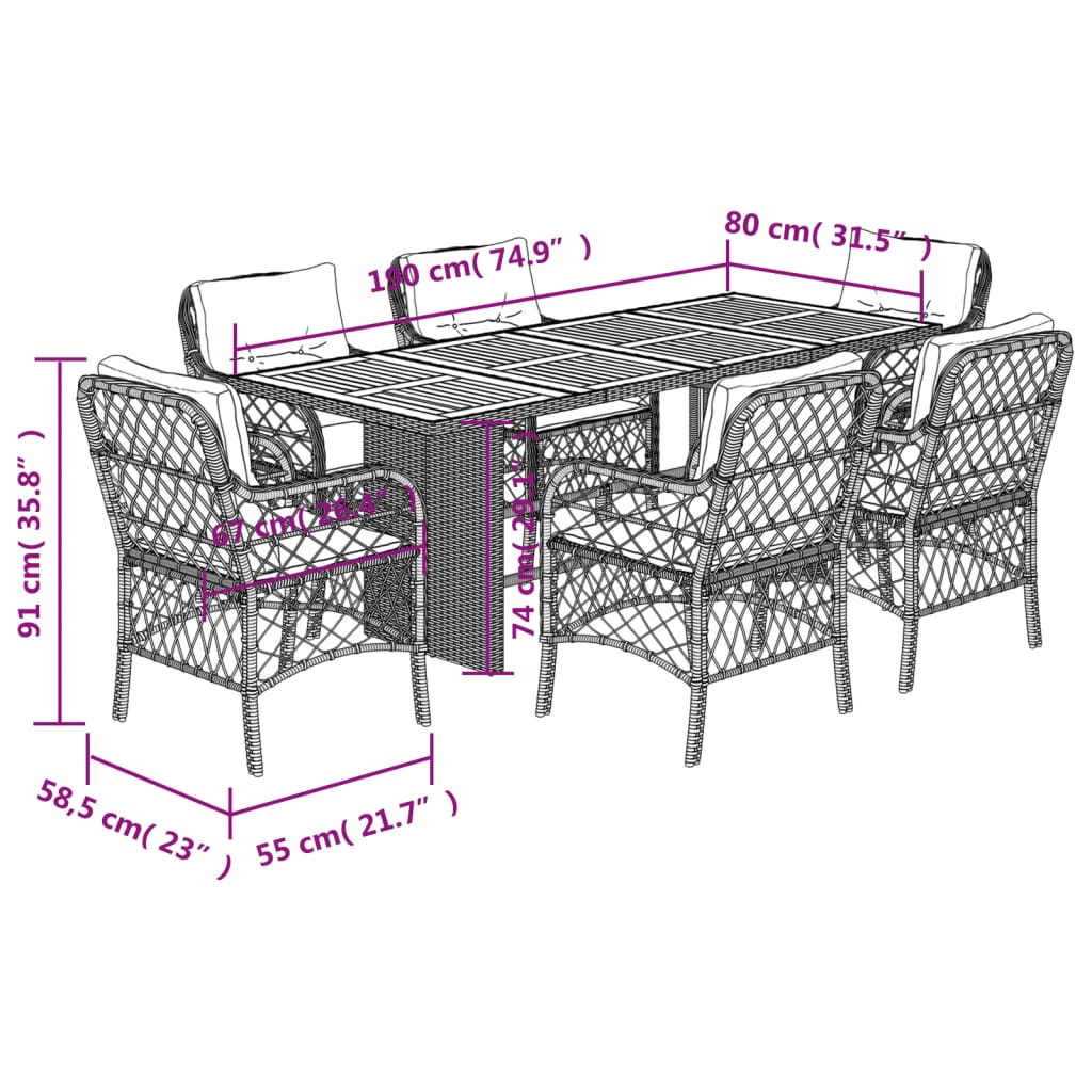 7 Piece Garden Dining Set with Cushions Grey Poly Rattan (US only)