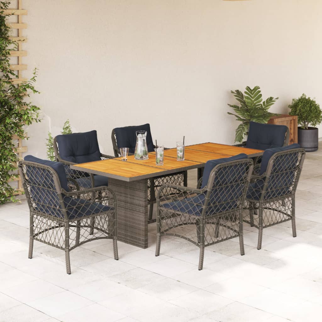 7 Piece Garden Dining Set with Cushions Grey Poly Rattan (US only)