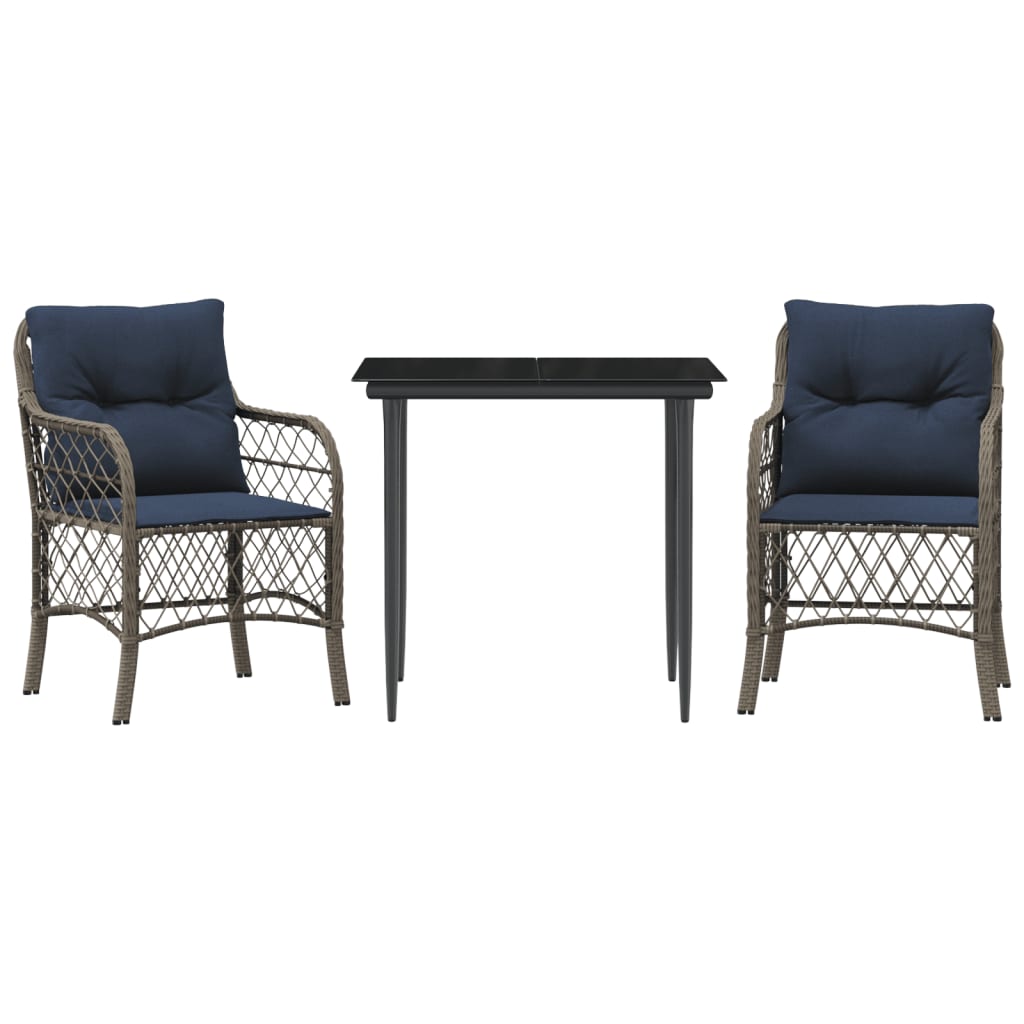 3 Piece Bistro Set with Cushions Grey Poly Rattan (US only)