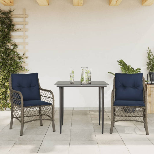 3 Piece Bistro Set with Cushions Grey Poly Rattan