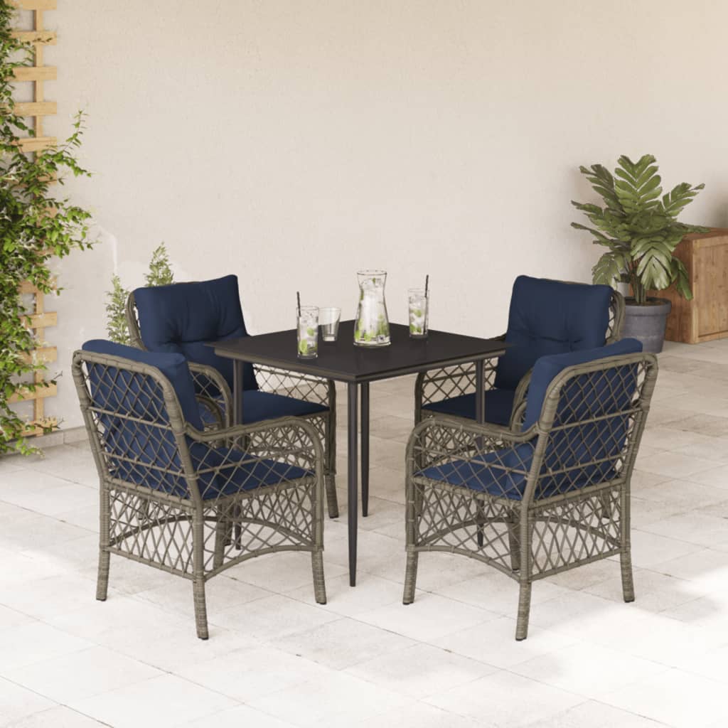 5 Piece Garden Dining Set with Cushions Grey Poly Rattan (US only)