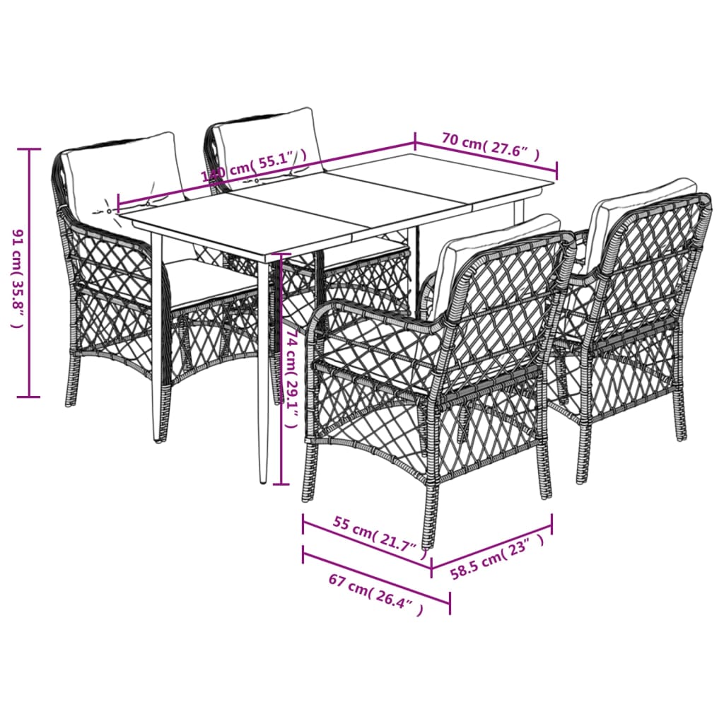 5 Piece Garden Dining Set with Cushions Grey Poly Rattan (US only)