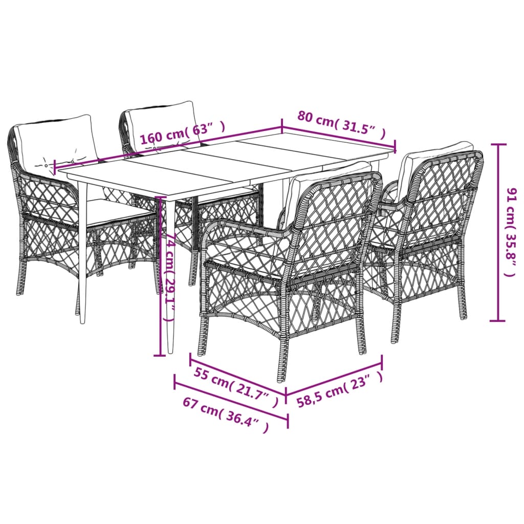 5 Piece Garden Dining Set with Cushions Grey Poly Rattan (US only)
