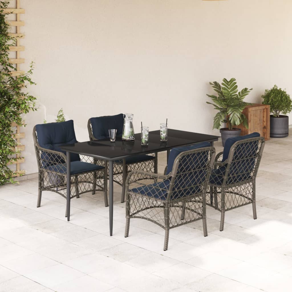 5 Piece Garden Dining Set with Cushions Grey Poly Rattan (US only)