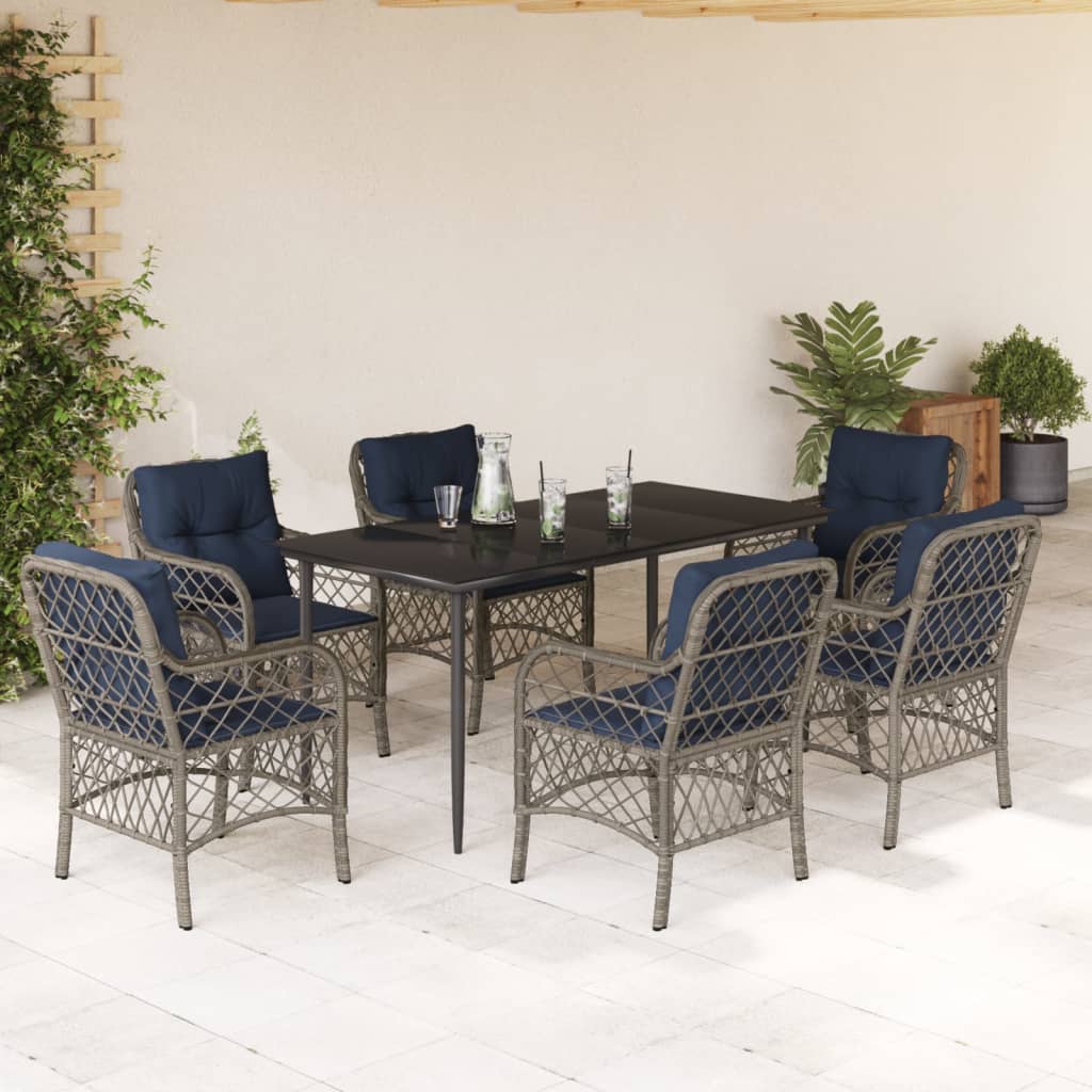 7 Piece Garden Dining Set with Cushions Grey Poly Rattan (US only)