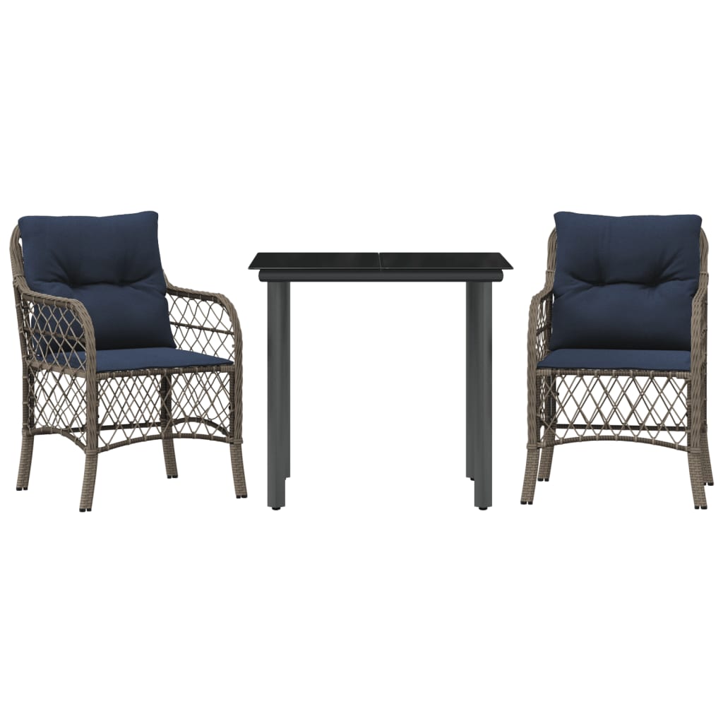 3 Piece Bistro Set with Cushions Grey Poly Rattan (US only)