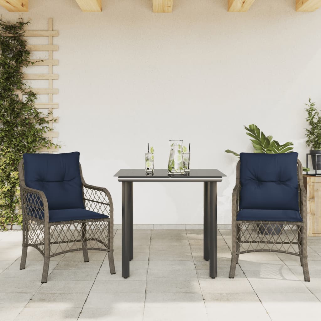 3 Piece Bistro Set with Cushions Grey Poly Rattan (US only)