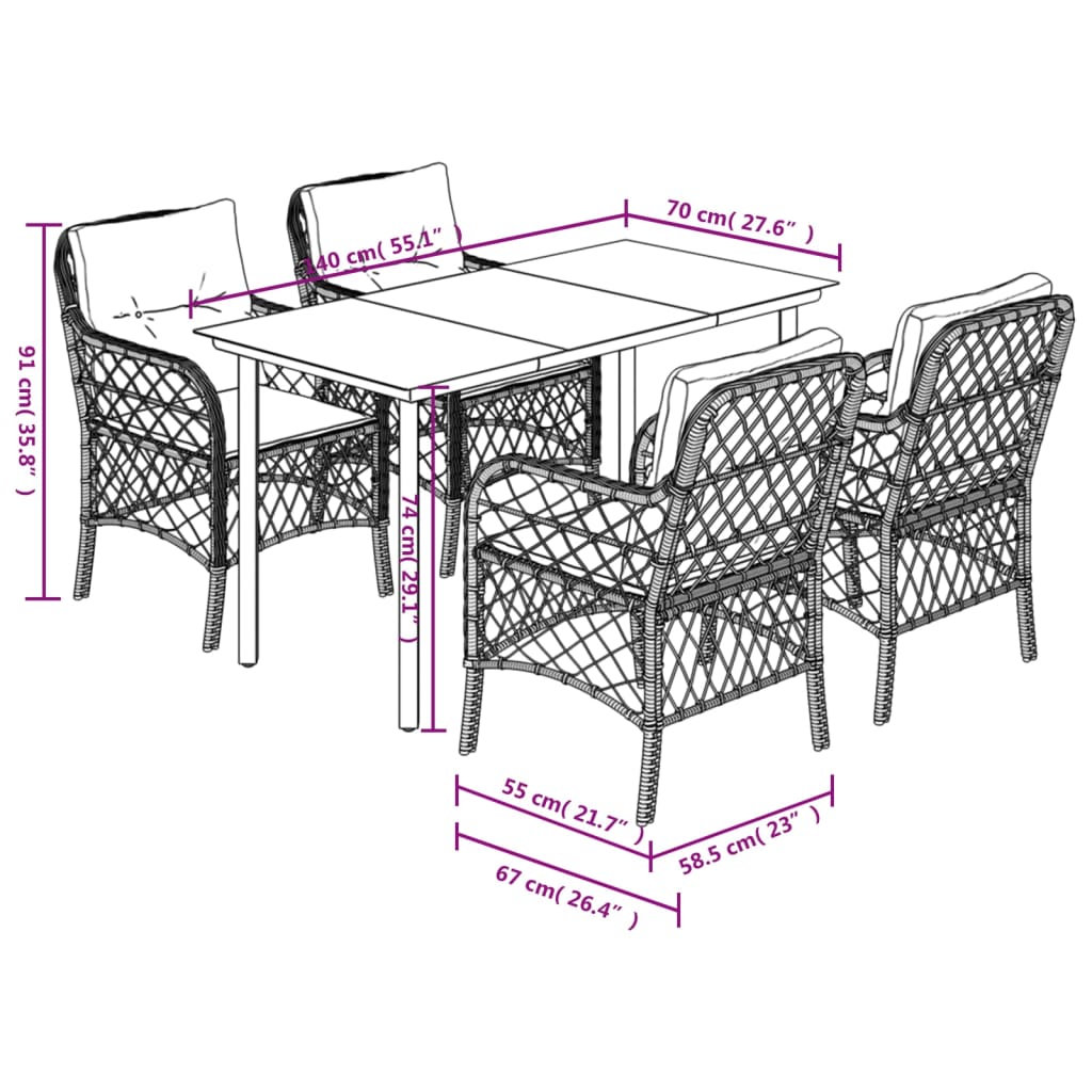 5 Piece Garden Dining Set with Cushions Grey Poly Rattan (US only)