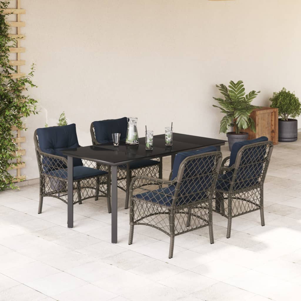 5 Piece Garden Dining Set with Cushions Grey Poly Rattan (US only)