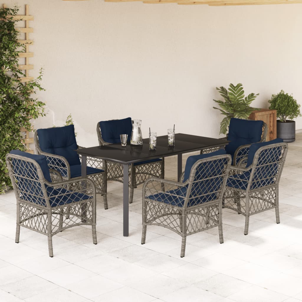 7 Piece Garden Dining Set with Cushions Grey Poly Rattan (US only)