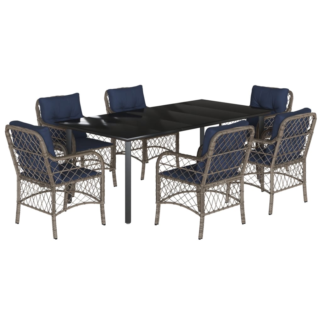 7 Piece Garden Dining Set with Cushions Grey Poly Rattan