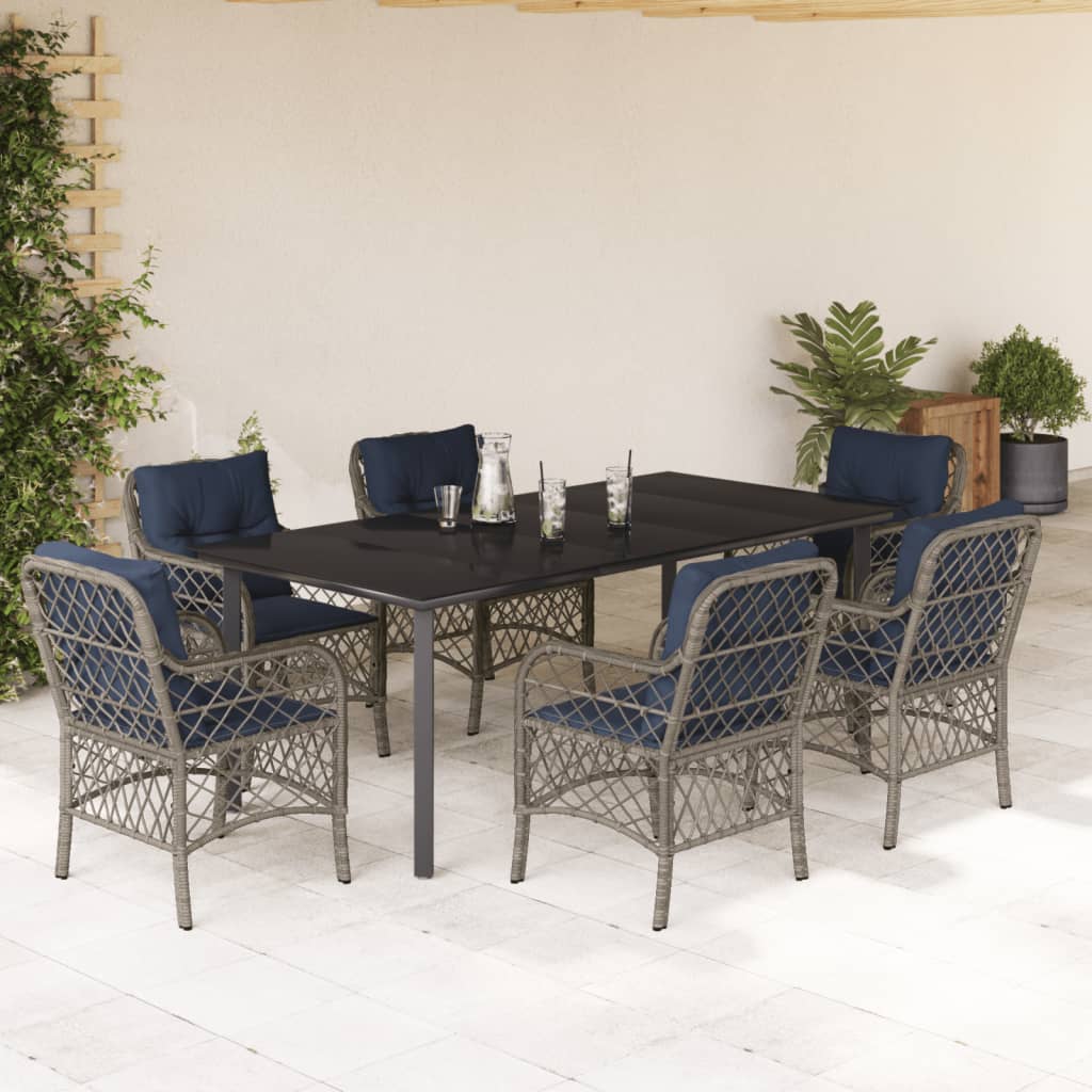 7 Piece Garden Dining Set with Cushions Grey Poly Rattan