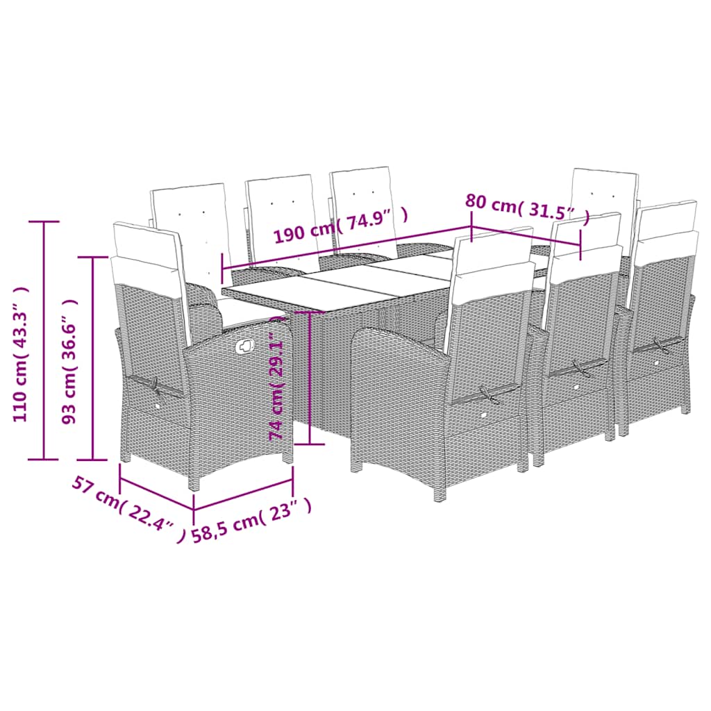 9 Piece Garden Dining Set with Cushions Grey Poly Rattan (US only)