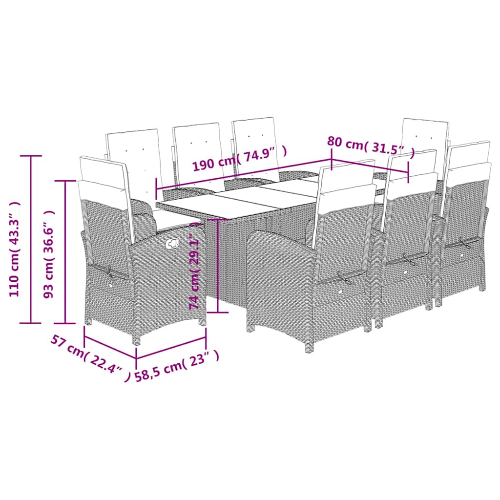 9 Piece Garden Dining Set with Cushions Grey Poly Rattan (US only)