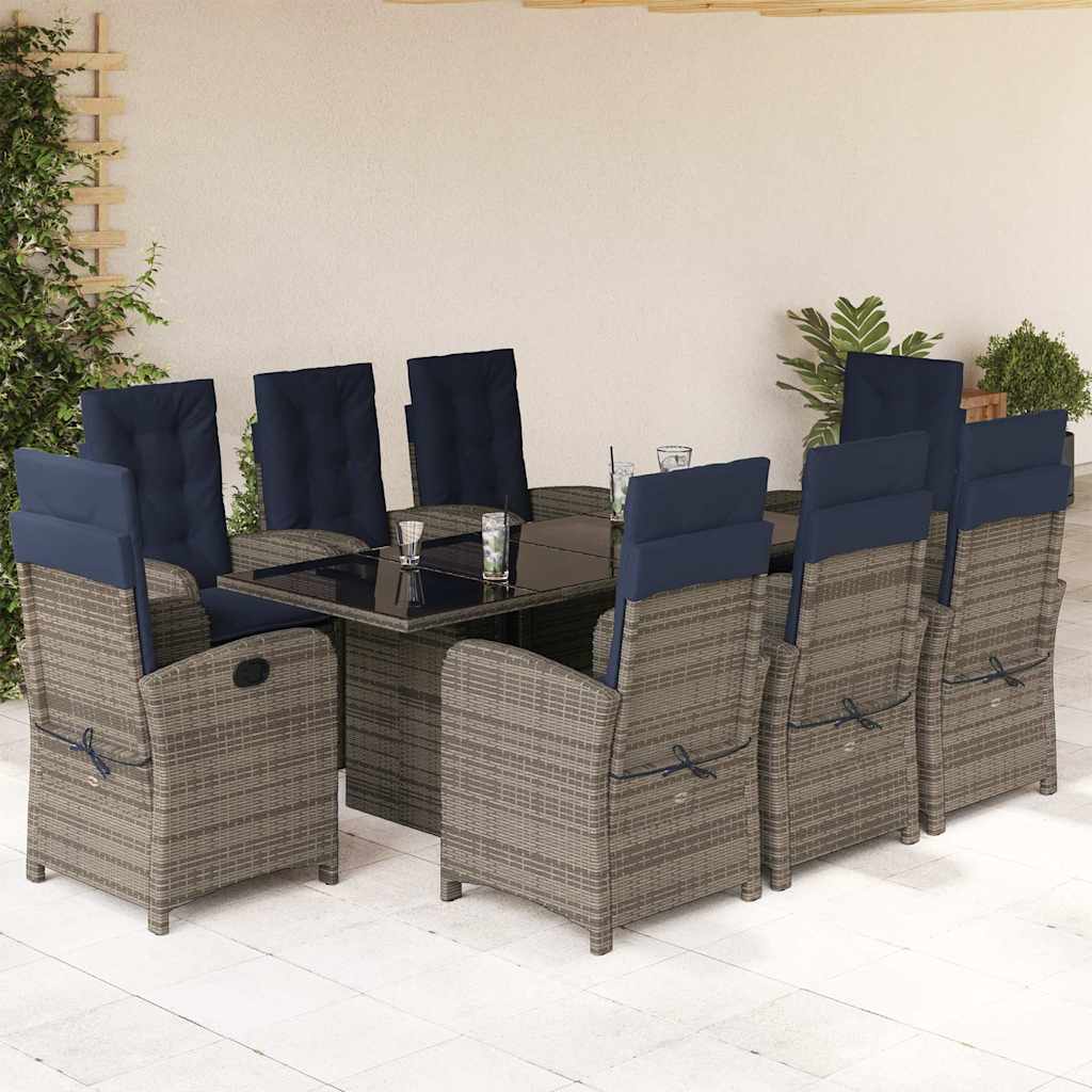 9 Piece Garden Dining Set with Cushions Grey Poly Rattan (US only)