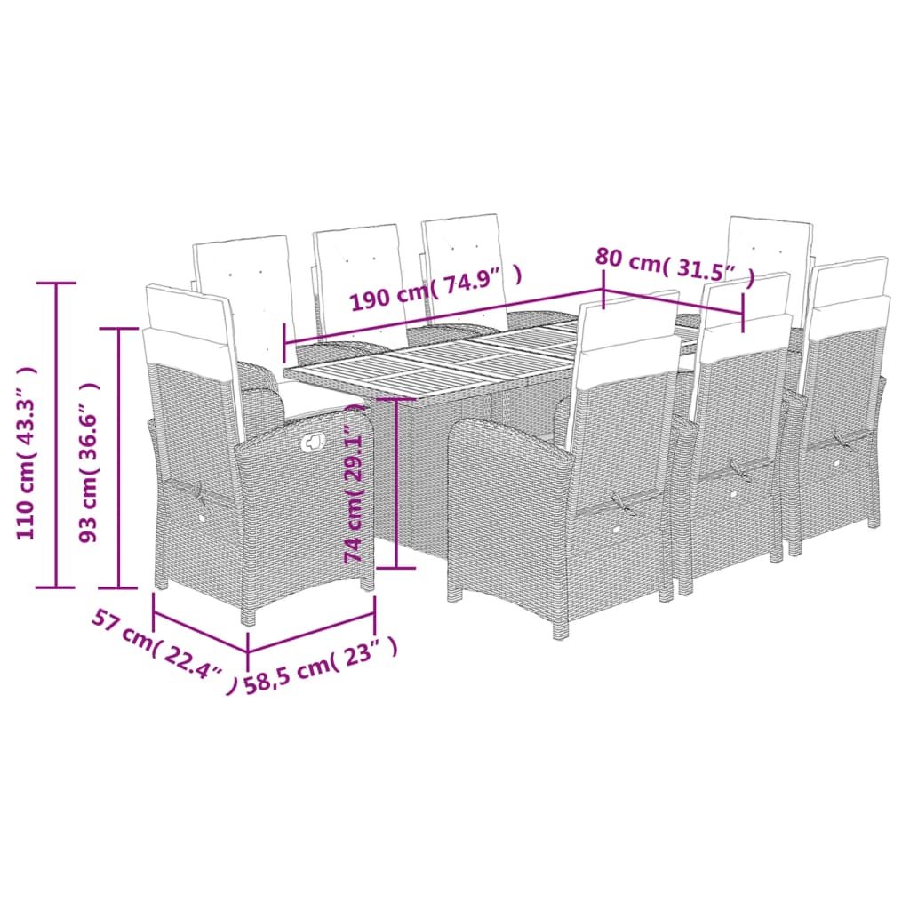 9 Piece Garden Dining Set with Cushions Grey Poly Rattan (US only)