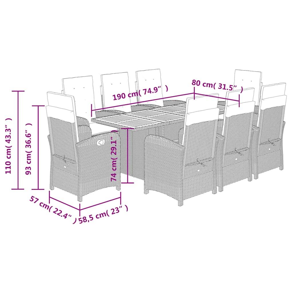 9 Piece Garden Dining Set with Cushions Grey Poly Rattan (US only)