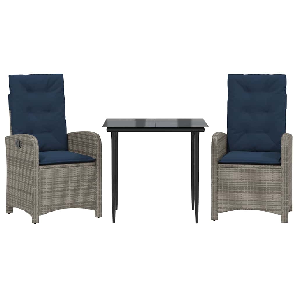 3 Piece Garden Dining Set with Cushions Grey Poly Rattan (US only)