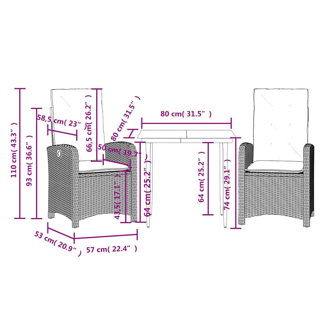 3 Piece Garden Dining Set with Cushions Grey Poly Rattan (US only)