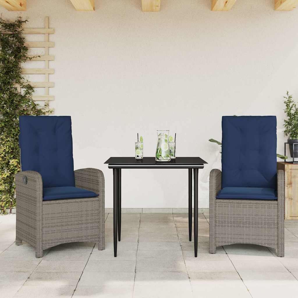 3 Piece Garden Dining Set with Cushions Grey Poly Rattan (US only)