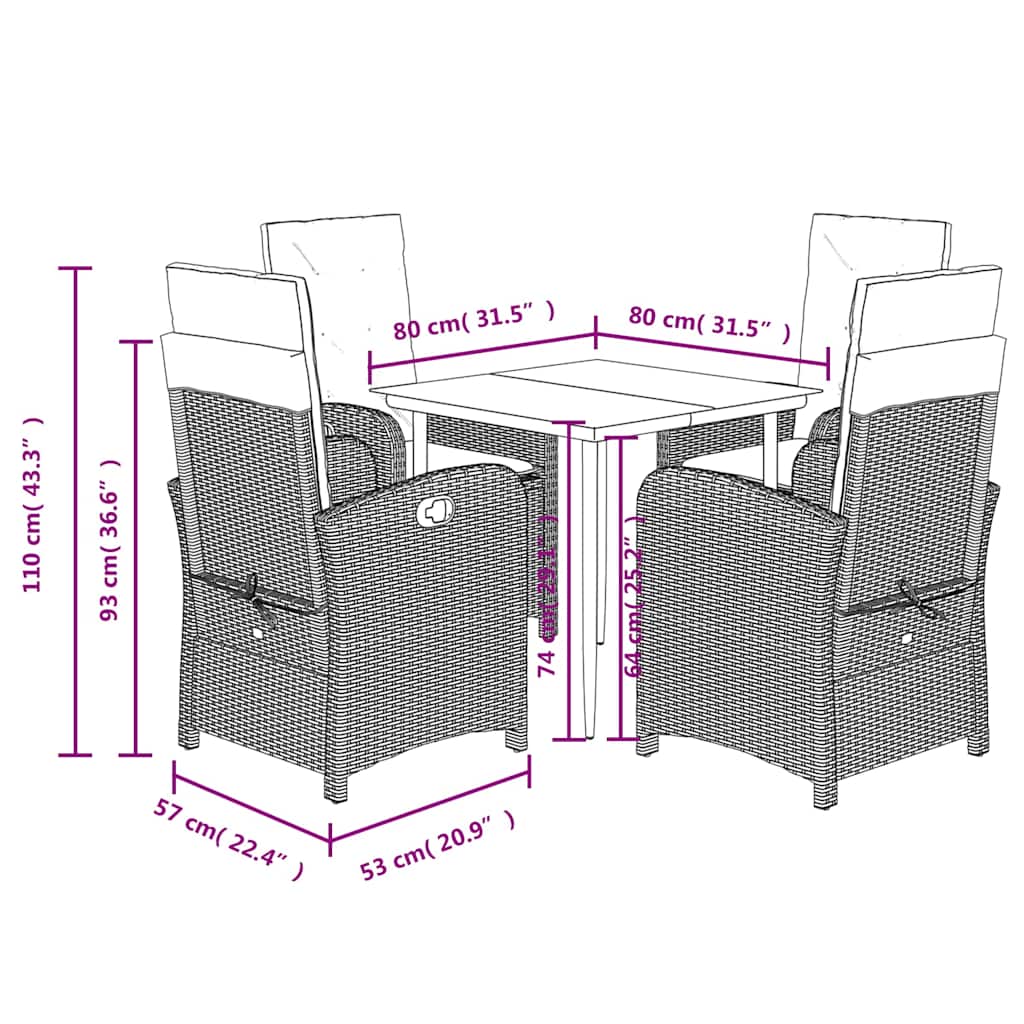 5 Piece Garden Dining Set with Cushions Grey Poly Rattan (US only)