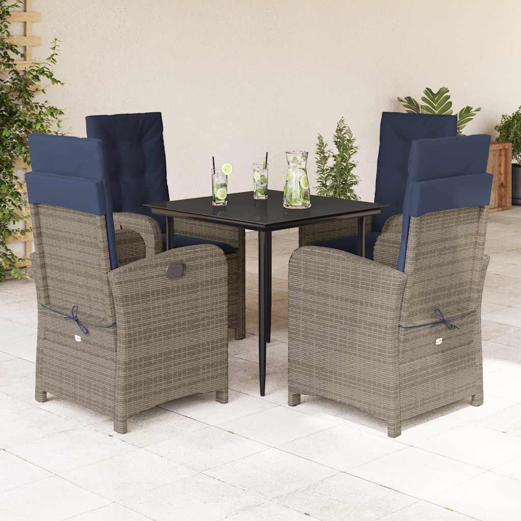 5 Piece Garden Dining Set with Cushions Grey Poly Rattan (US only)