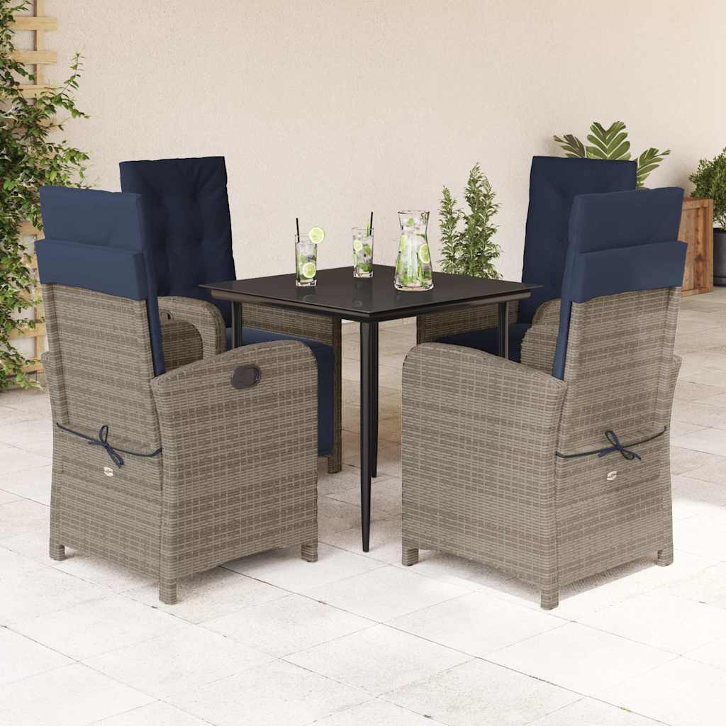 5 Piece Garden Dining Set with Cushions Grey Poly Rattan (US only)