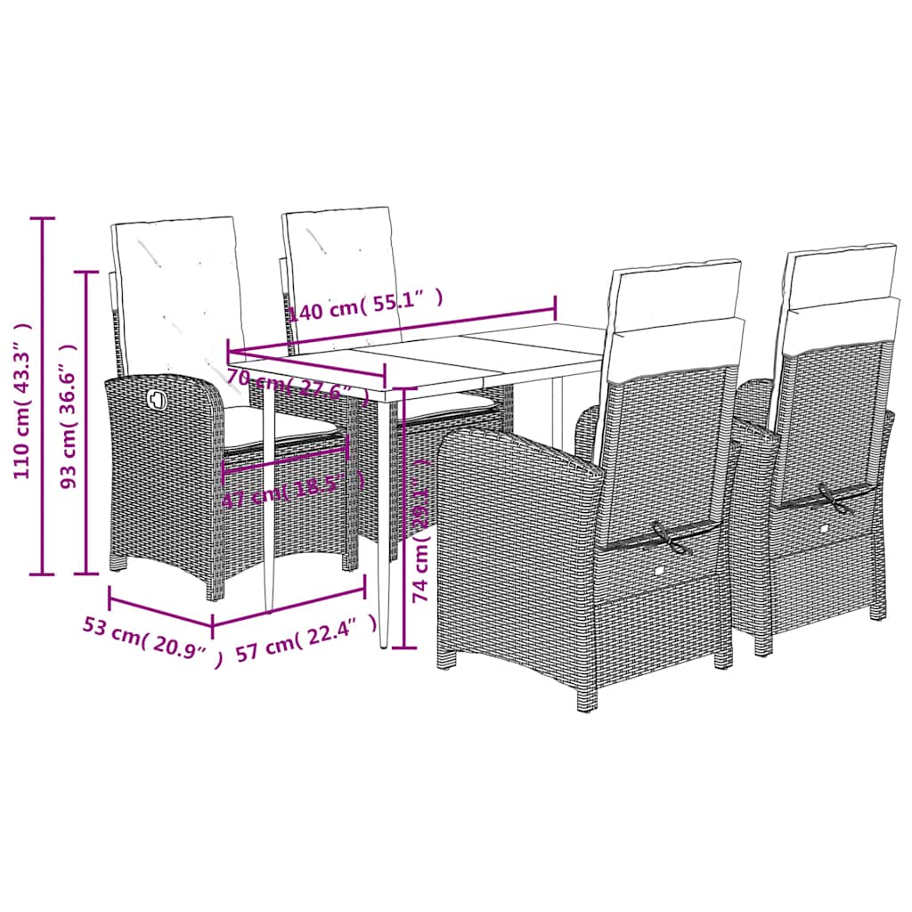 5 Piece Garden Dining Set with Cushions Grey Poly Rattan (US only)