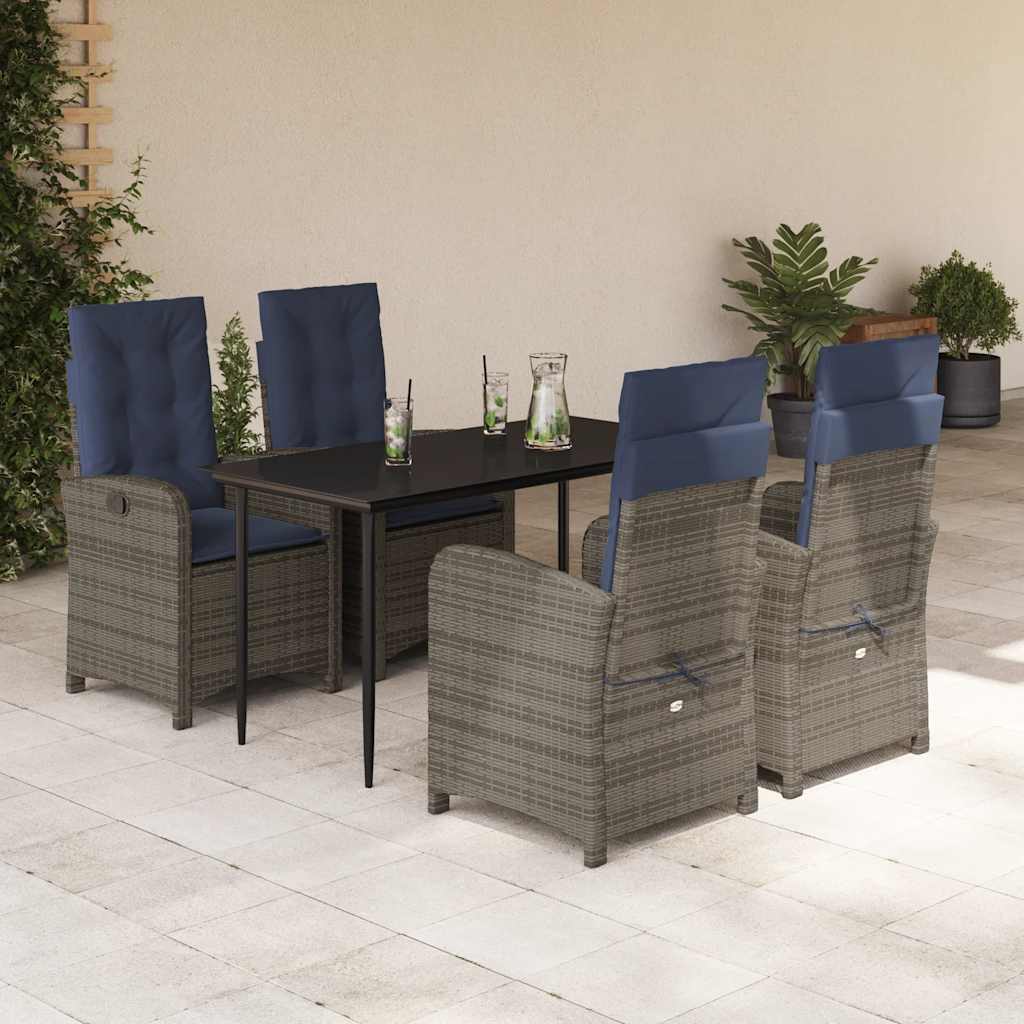 5 Piece Garden Dining Set with Cushions Grey Poly Rattan (US only)