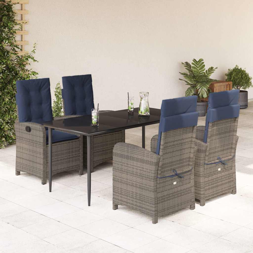 5 Piece Garden Dining Set with Cushions Grey Poly Rattan (US only)