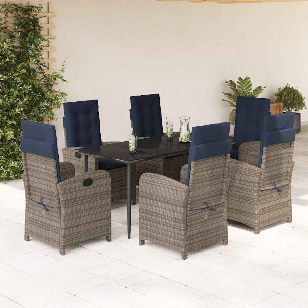7 Piece Garden Dining Set with Cushions Grey Poly Rattan (US only)