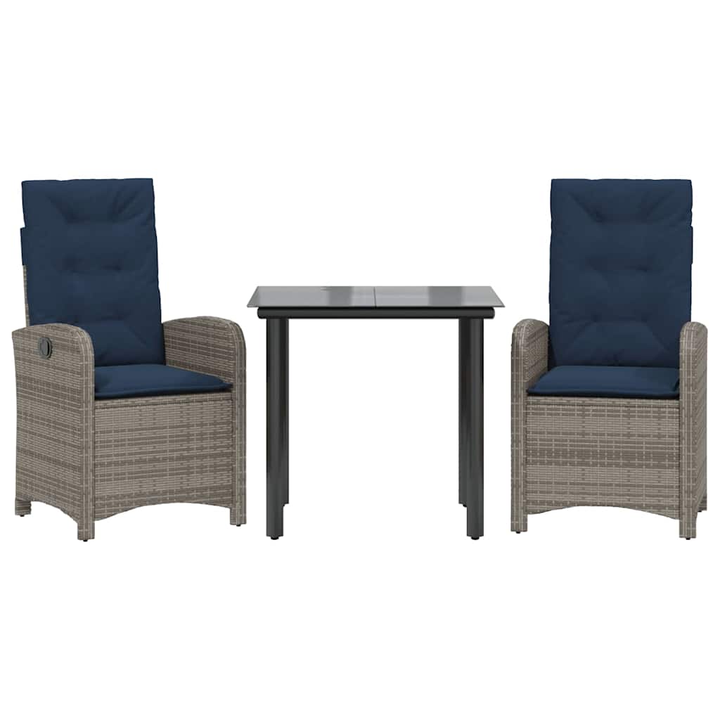3 Piece Garden Dining Set with Cushions Grey Poly Rattan (US only)