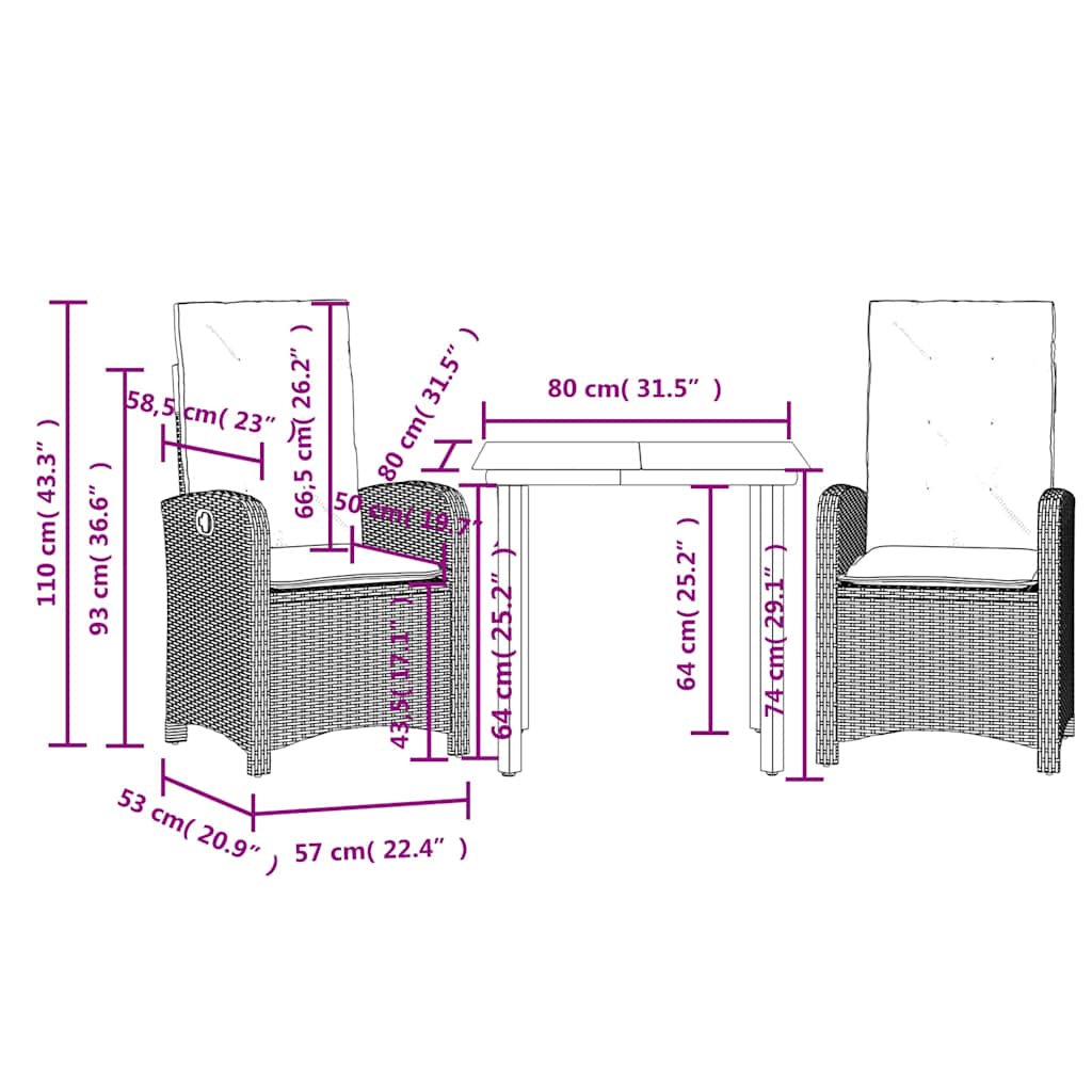 3 Piece Garden Dining Set with Cushions Grey Poly Rattan (US only)