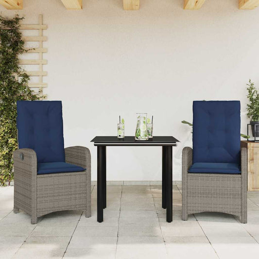 3 Piece Garden Dining Set with Cushions Grey Poly Rattan