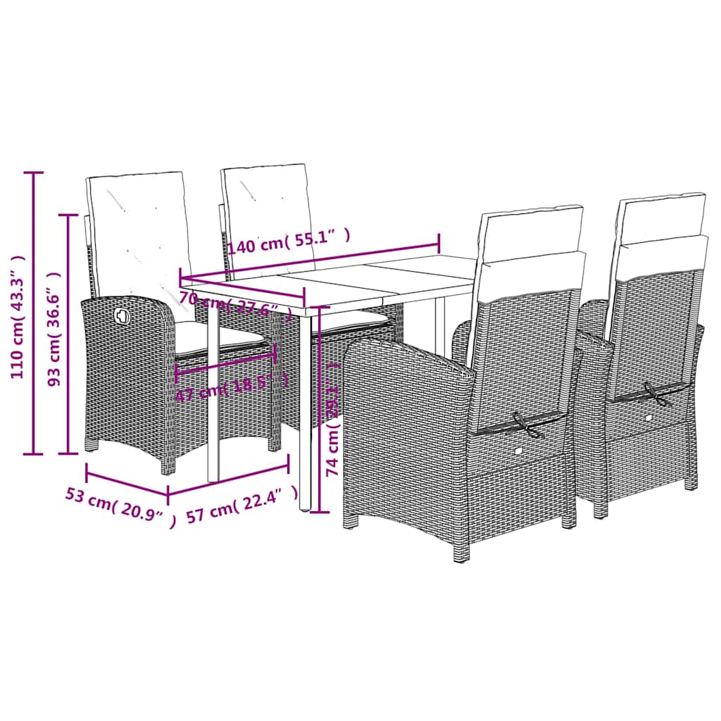 5 Piece Garden Dining Set with Cushions Grey Poly Rattan (US only)