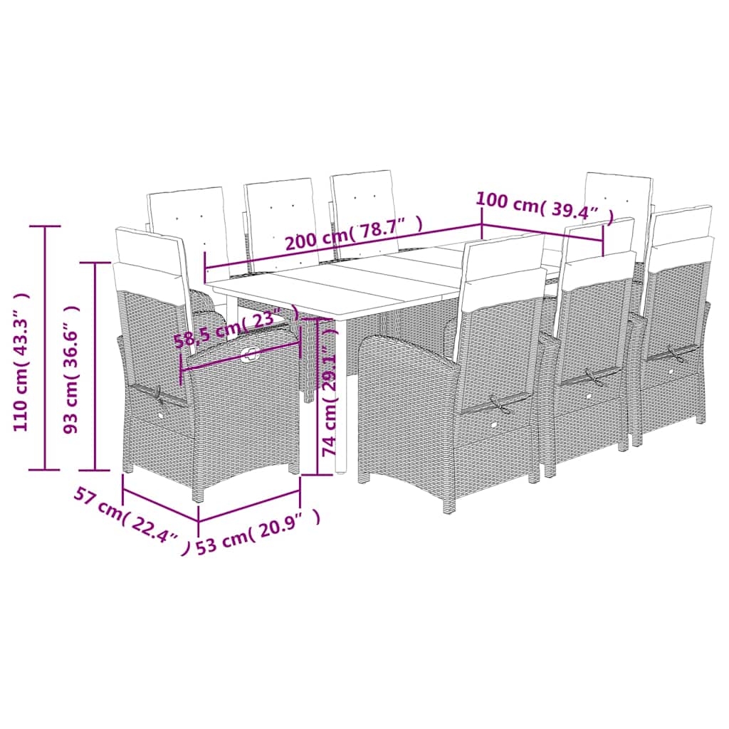 9 Piece Garden Dining Set with Cushions Grey Poly Rattan (US only)