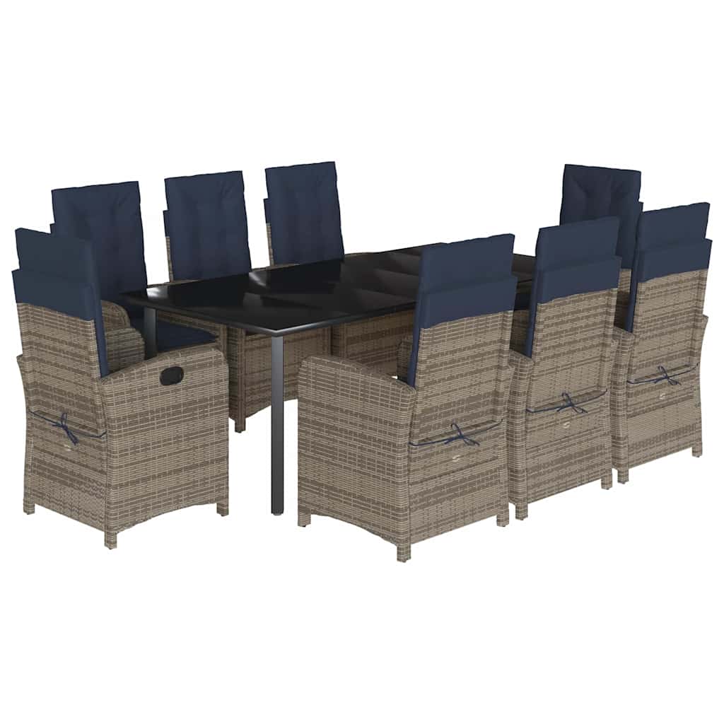 9 Piece Garden Dining Set with Cushions Grey Poly Rattan (US only)