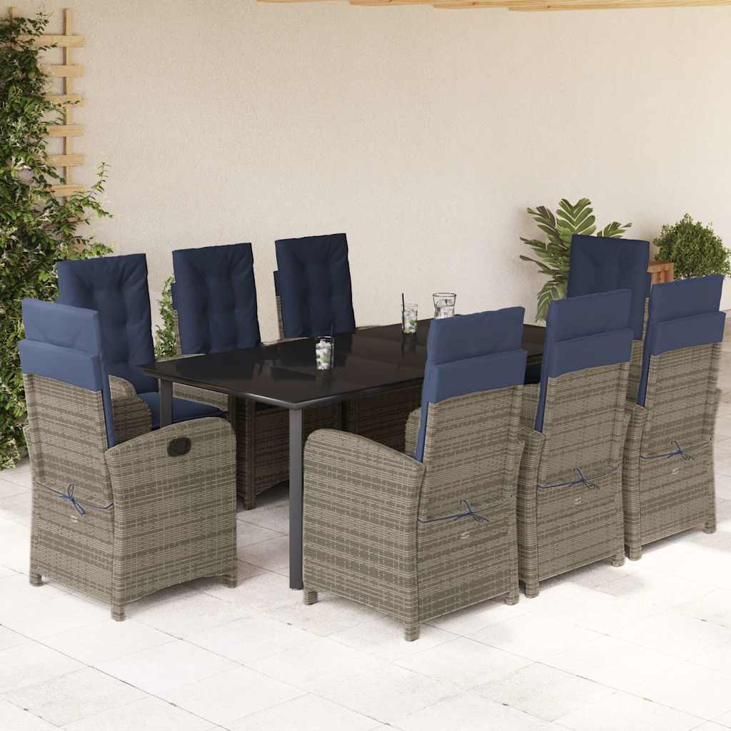 9 Piece Garden Dining Set with Cushions Grey Poly Rattan (US only)