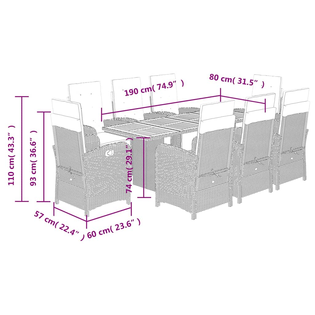 9 Piece Garden Dining Set with Cushions Grey Poly Rattan (US only)