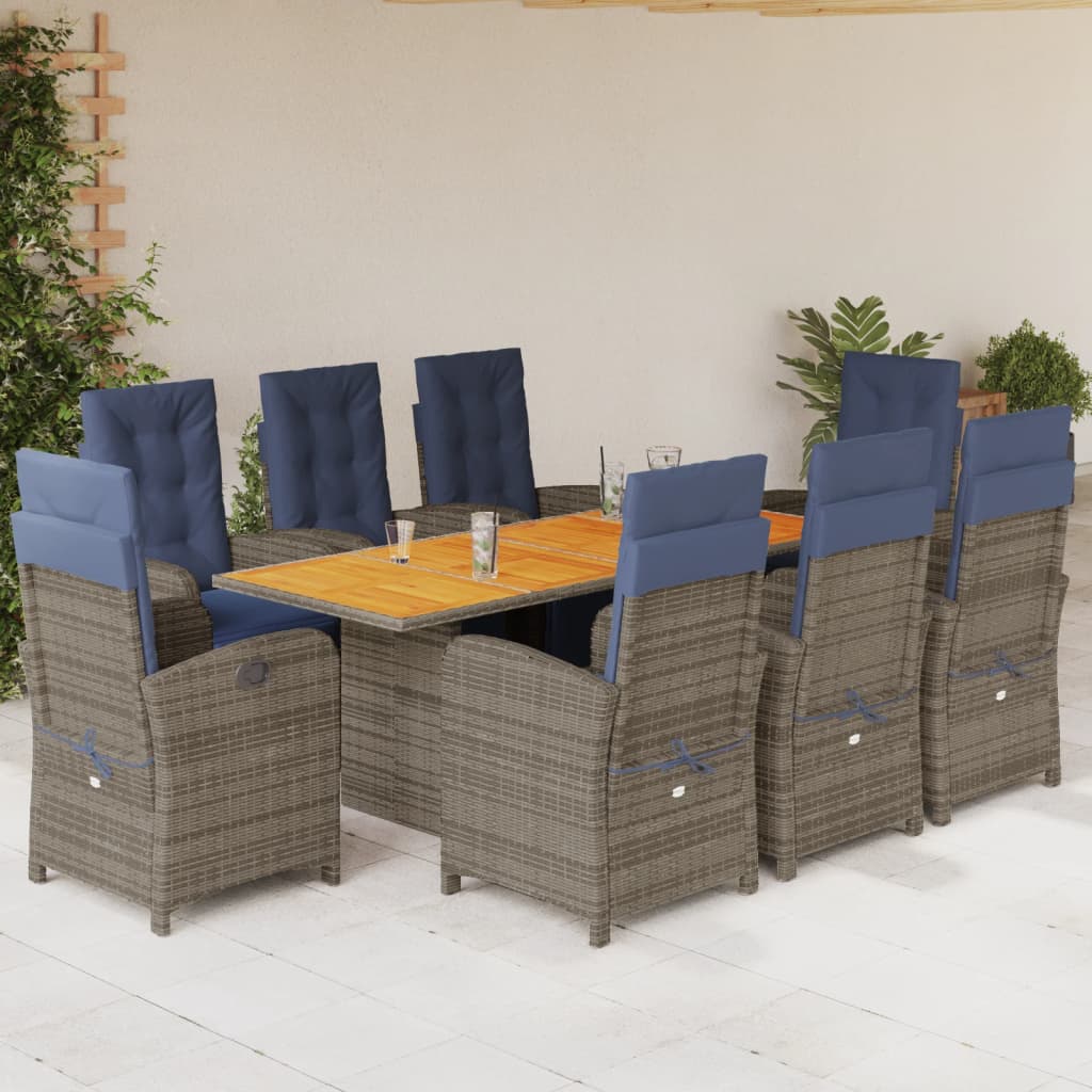 9 Piece Garden Dining Set with Cushions Grey Poly Rattan (US only)